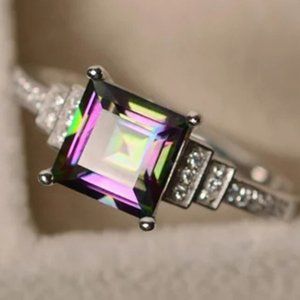 Vintage Square Colorful Gem Princess Retro Thin Silver Ring for Women, VIP070